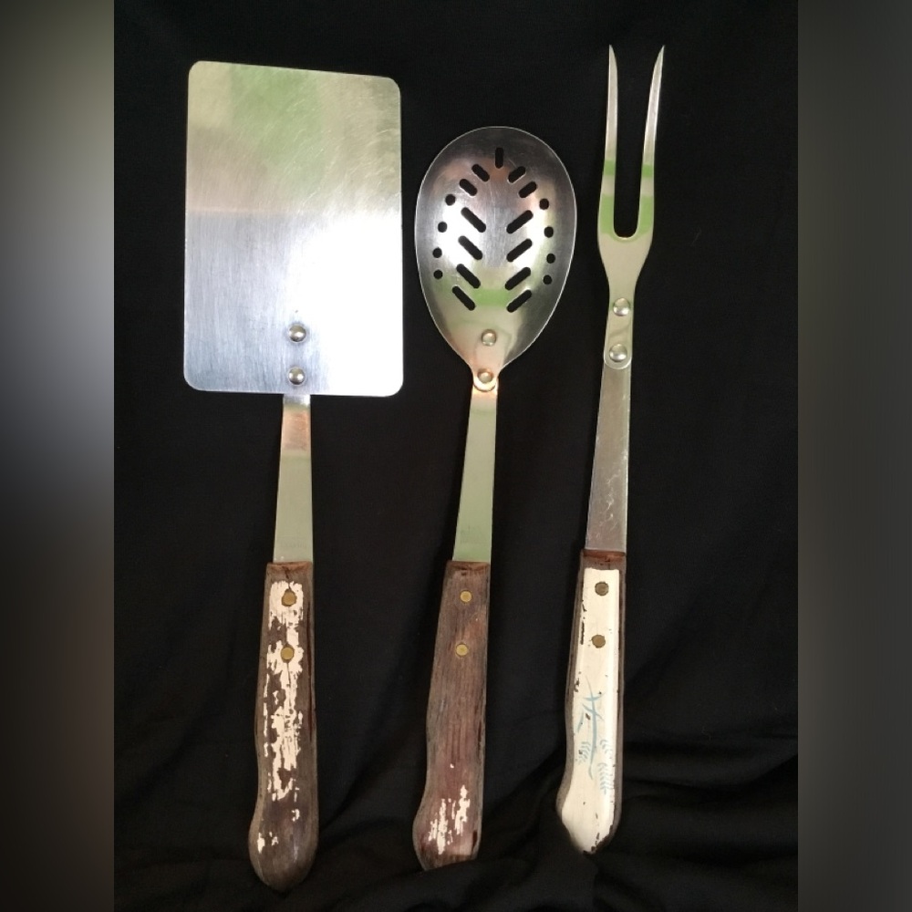 Vintage Imperial Stainless Steel 3-Piece Kitchen Serving Set, USA Wooden Handles